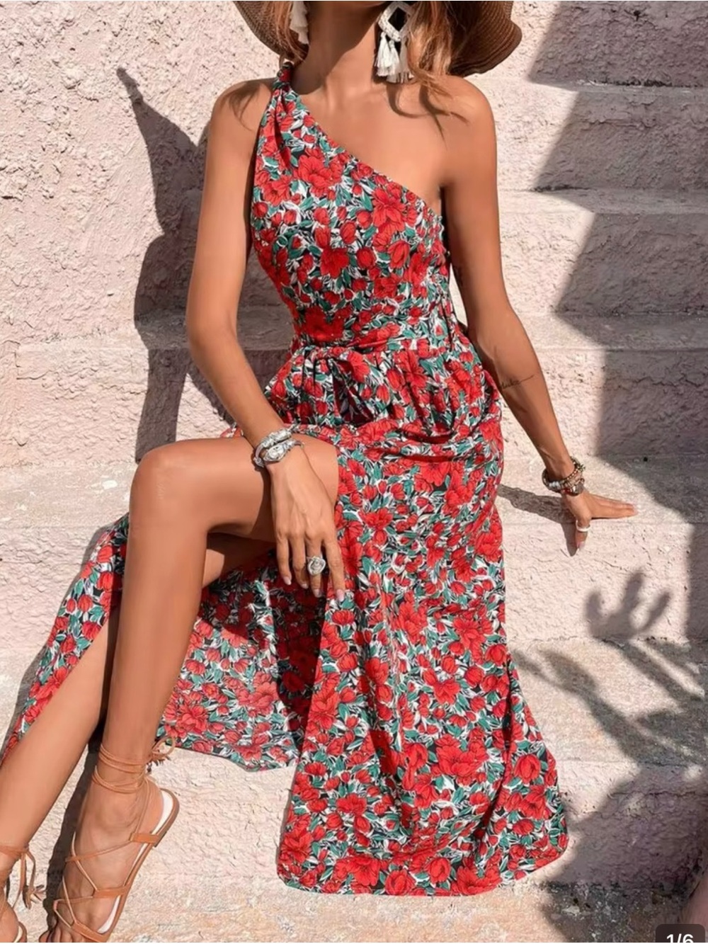 One-Shoulder Red Floral Maxi Dress